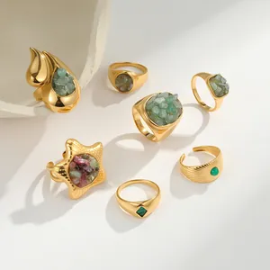 Vintage Franse Roestvrijstalen Ring Voor Dames Verguld Natuursteen Ingelegd Geometrische Boho Verstelbare Vingerring Sieraden