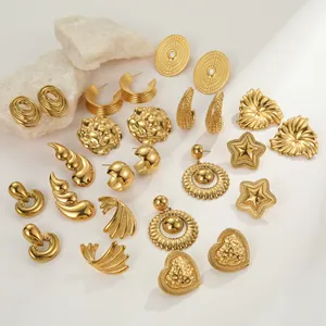 Pendientes Geométricos Vintage de Acero Inoxidable Chapados en Oro de 18K Para Mujer Joyería de Lujo Corazón Estrella Espiral Flor