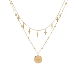 Collier double épaisseur en acier doré avec petits pendentifs croix et médaille étoile
