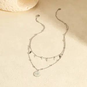 Collier double couche en acier inoxydable avec breloques croix et pendentif étoile ronde
