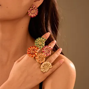 Vintage Ocean Style Conch Shell Earrings And Ring Set Stainless Steel 18K Gold Plated Enamel Sea Snail Jewelry For Women