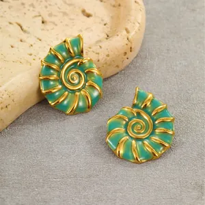 Detail of sea shell earrings with turquoise enamel and 18K gold-plated stainless steel