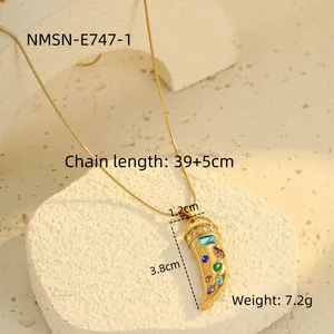 Detail showing horn pendant dimensions 3.8x1.2cm with colorful zircons on snake chain