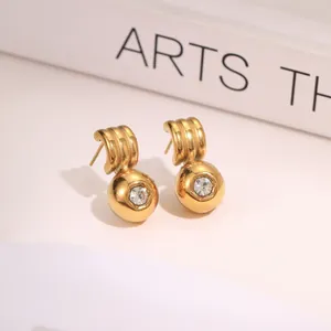 18K gold plated stainless steel drop earrings with clear hexagonal zircon stone in gold ball