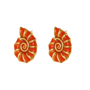Ocean style conch earrings with orange enamel and 18K gold plated stainless steel