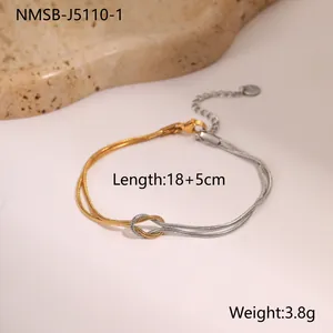 Tweekleurige gouden en zilveren dubbellaagse slangenarmband met knoop, 18+5cm lengte