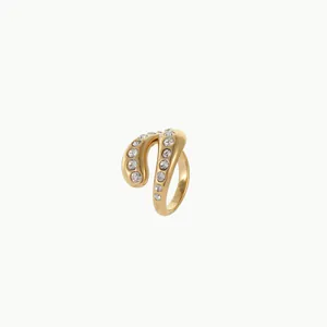 Polished gold titanium steel open ring with irregular hammer texture and cubic zirconia