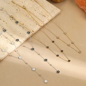 Elegante Y-vormige roestvrijstalen ketting met emaille schijven en kleine zirkonen in goud zilver
