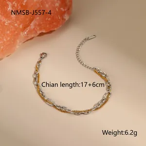 Detail of a dual-layer chain bracelet featuring silver links and gold finish with dimensions