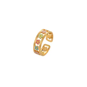 Bunter Blumen-Emaille-Ring aus 18K vergoldetem Edelstahl mit feiner Perlenrand-Verzierung