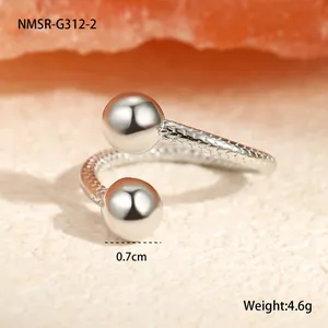 Irregular titanium steel open ring featuring two polished beads and scales texture