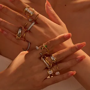 Mode Edelstahl 18K Vergoldet Offener Ring Damen Geometrisch Zirkonia Herz Hufeisen Stapelbar Finger Schmuck Geschenk