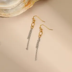 Detail view of long tassel earrings with gold-silver mixed chain and rope oval link