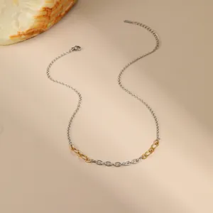 Close-up of dual-tone gold and silver chain necklace with lobster clasp and extender