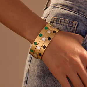 18K Vergulde Roestvrijstalen Bloem Armband Met Kunstparelmoer Malachiet Klaver Armring Voor Vrouwen Mode Sieraden