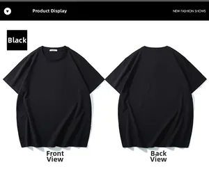 Flat lay detail of black crew neck cotton T-shirt showing front and back views with side label