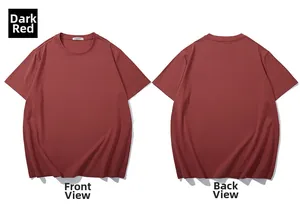 Flat lay of both front and back views of a dark red crew neck cotton short-sleeve t-shirt