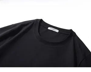 Detail shot of the reinforced crew neck and woven label on a premium black cotton T-shirt