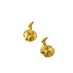 Golden brass disc earrings with 925 silver pins featuring spiral textured round pendant