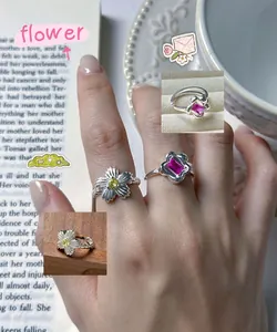 Detail of silver S925 rings featuring rose pink and yellow zircon flower motifs