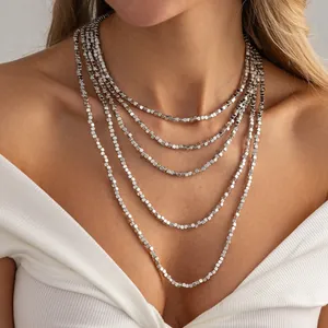 Detailed view of a silver-tone minimalist square CCB bead multi-layered necklace for women