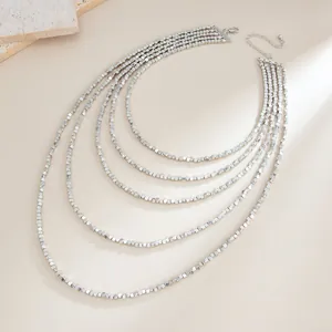 Silver multi-layered necklace with square CCB beads in minimalist old money style