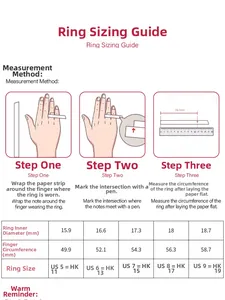 Ring size guide with measurement instructions and conversion chart for US sizes 5 to 9