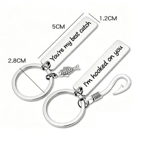 Lot de porte-clés couple en acier inoxydable avec hameçon et plaques gravées