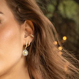S925 silver needle sunflower drop earrings set with golden ear cuff and zircon studs