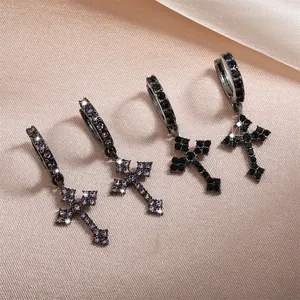 Boucles d'oreilles créoles punk hip hop avec pendentifs croix et zircons violets et noirs