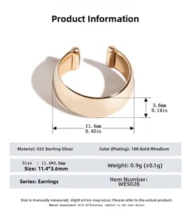 Size chart showing 925 sterling silver C-shaped ear cuff dimensions of 11.4mm by 3.6mm