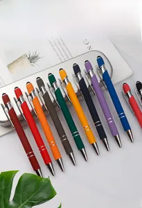 Close-up of assorted colorful metallic ballpoint pens with touch stylus tips and matte finish