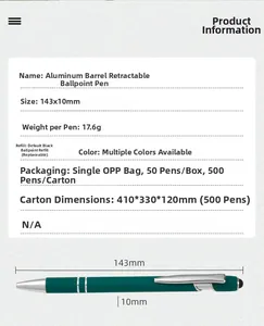 Macro detail of a 143x10mm dark green aluminum push pen with silver clip and stylus tip