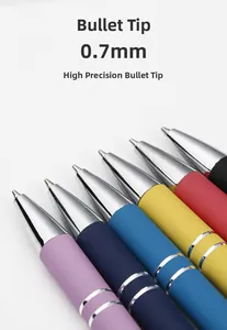 Close-up of 0.7mm bullet nibs on colorful retractable aluminum ballpoint pens