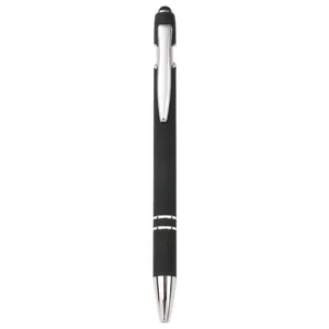 Premium matte black metal ballpoint pen with silver accents and stylus tip for touchscreens