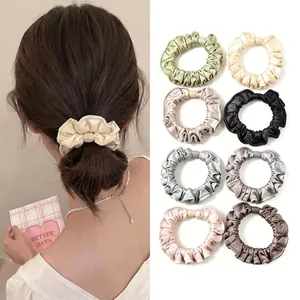 Elegant satin hair scrunchies set with 8 glossy colors including champagne and charcoal grey