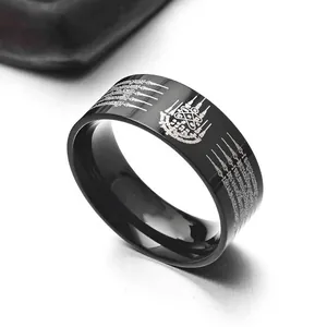 Black stainless steel Thai five-line scripture ring with intricate ethnic engravings