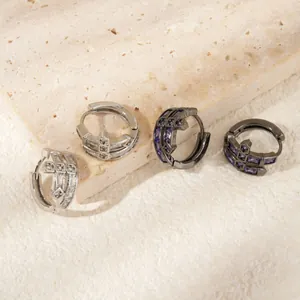 Boucles d'Oreilles Créoles en Cuivre Hip Hop Pour Femmes Hommes Design Croix Bouclier Électroplaqué Incrusté de Strass Bijoux