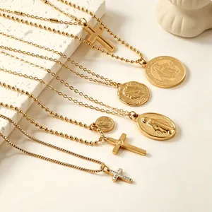 Collier En Acier Inoxydable Religieux Croix Médaille De La Vierge Marie Pendentif Plaqué Or 18K Bijoux Rétro Femme