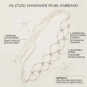 Détail d'un serre-tête de mariée fait main avec perles, fleurs givrées et ruban en organza