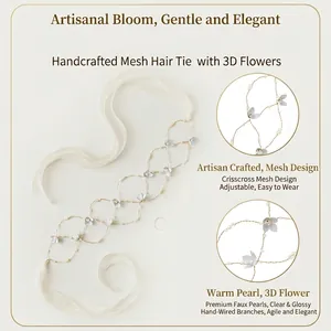 Bandeau de mariée fait main avec fleurs 3D et perles pour coiffures de mariage