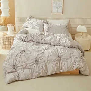 Luxurious 3D floral pinched pleat bedding set in light grey with matching shams