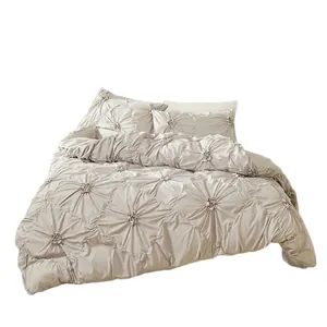3D textured pinch pleat duvet cover and pillowcase bedding set in neutral beige