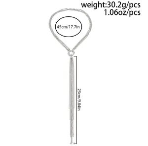 Detailed size chart of multi-layer silver tassel necklace with length and weight info