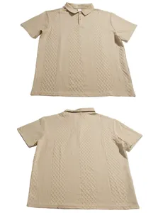 Detail view of khaki men's polo shirt with textured geometric jacquard fabric and lapels