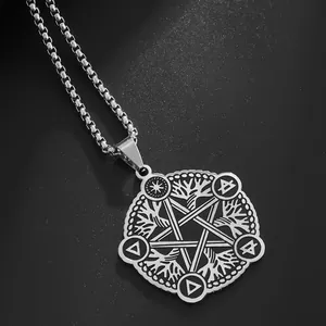 Silver pentagram star pendant necklace with tree texture on stainless steel chain