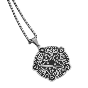 Silver stainless steel pentagram tree of life pendant necklace with black enamel box chain