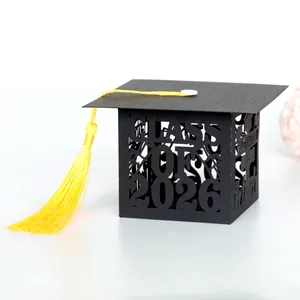 Class of 2026 black graduation cap candy box with yellow tassel and hollow-out design