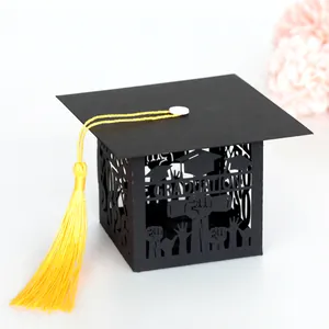 2026 Graduation mortarboard candy box in black card with yellow tassel and hollow cutouts