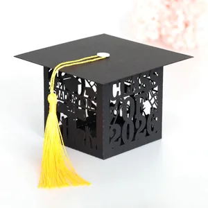 2026 graduation cap candy box in black laser-cut hollow design with yellow silk tassel